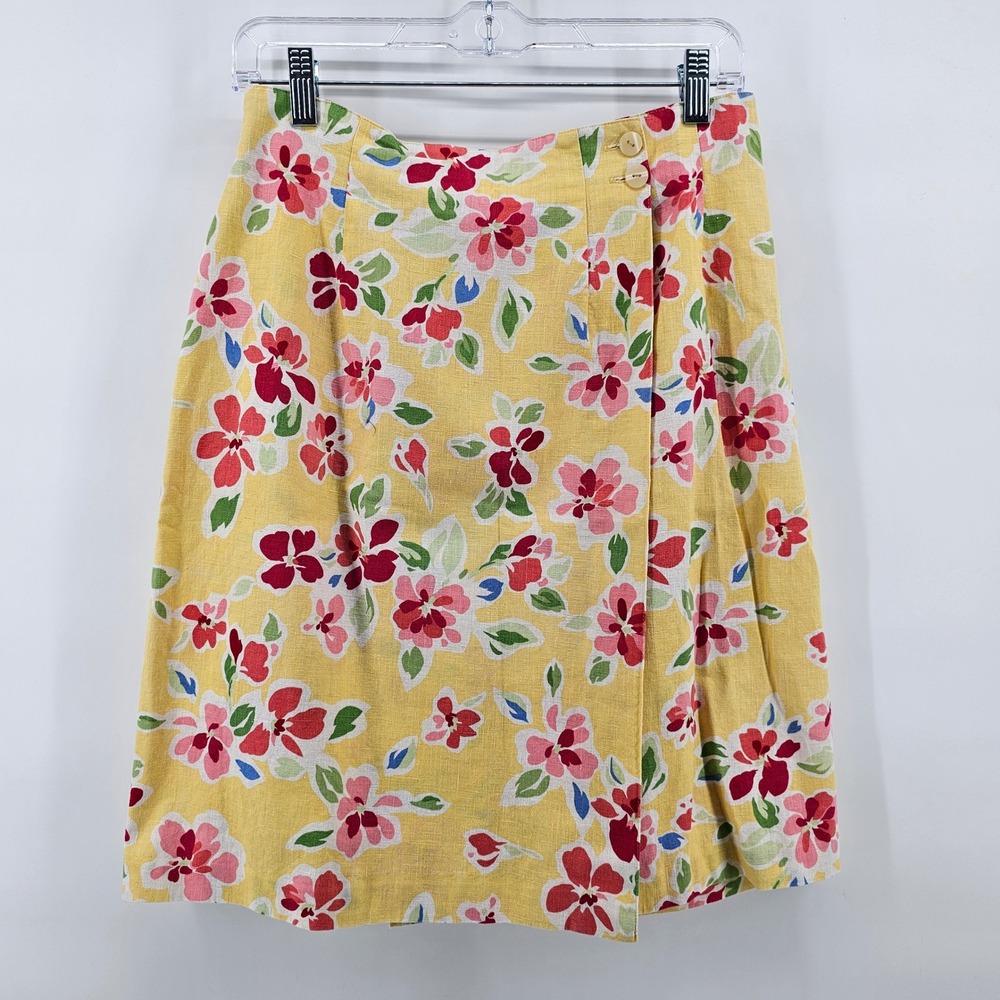 Talbots Wrap Skirt Womens 6 Yellow Floral Linen Cotton Blend A-Line Knee Length